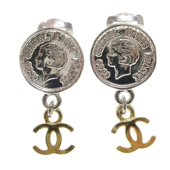 Chanel Medallion Dangle Earrings Gold Silver Clip-On - Picture 1 of 5